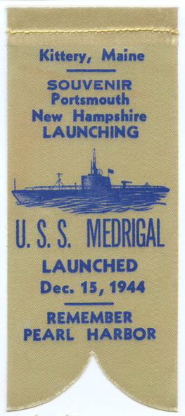 WWII Submarine Launch Ribbon for the USS Medregal (SS-480) with Typo of "Medrigal"