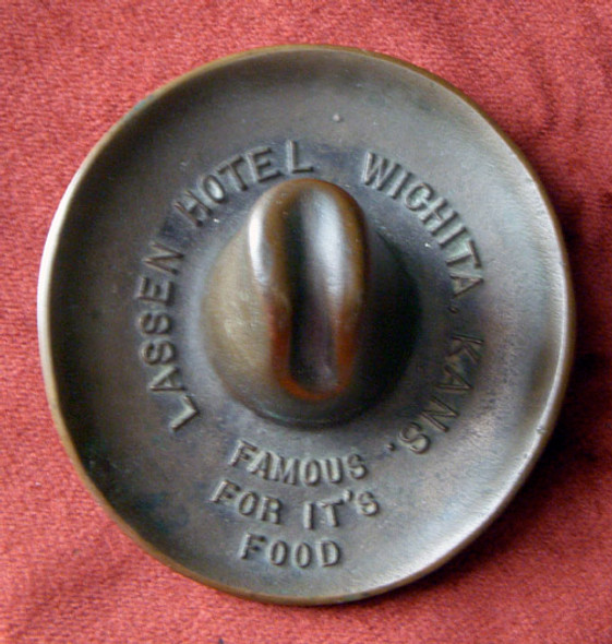 Great 1920s-1930s Bronze Cowboy Hat Ashtray for Wichita, Kansas Hotel
