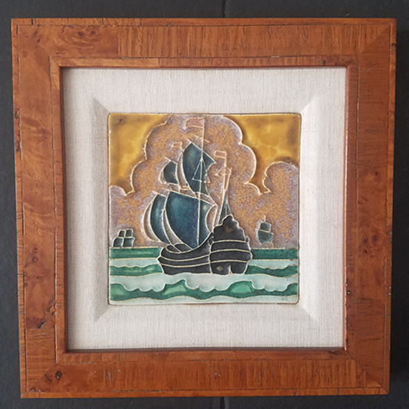 Wonderful ca 1900 Arts & Crafts Period Tile of Spanish Galleon Professionally Framed