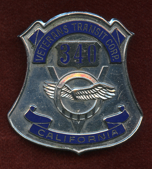 Beautiful Late 1940's California Based Bus Diriver Hat Badge-Veterans Transit Corp. Based in LA.