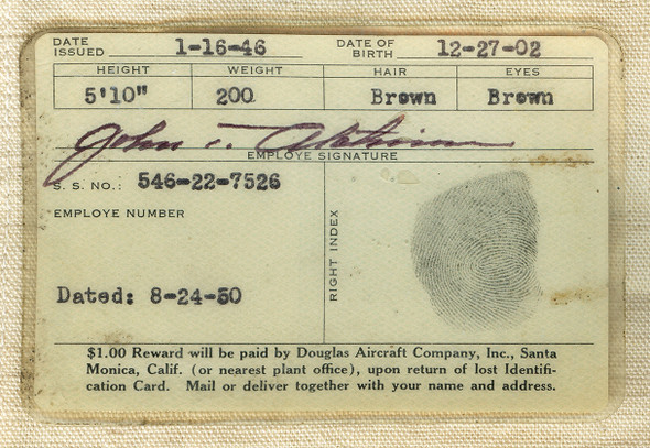 Cool Korean Era Douglas Aircraft Co Employee Photo ID Card 1950