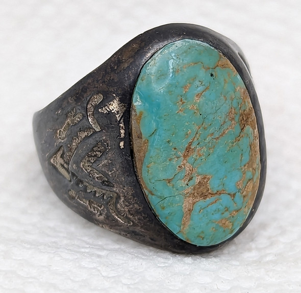 Great Old 1930s - 1940s Bell Trading Post Sterling Silver & Turquoise Men's Ring  Sz 10.5