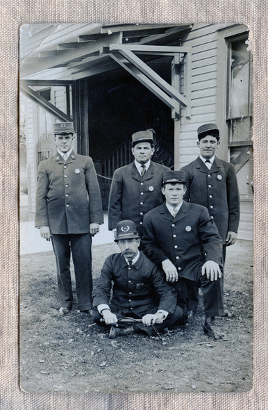 Ca 1900s - 1910s Four San Antonio Fireman & 1 SAPD Officer wearing Blanket Badge #80 #22