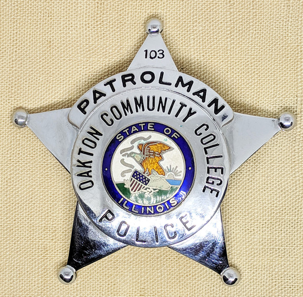 Beautiful 1970s Oakton Community College (ILL) Police Patrolman Badge by Hanson #103