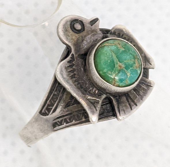 Great Little Fred Harvey Era Ring with Thunderbird & Turquoise 1930's - 40's Size 4.75