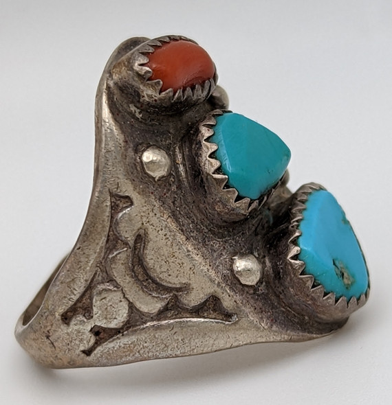 Nice 1960s-70s S.W. Silver Turquoise & Coral Men's Ring by Navajo Ted Etsitty Size 9.75
