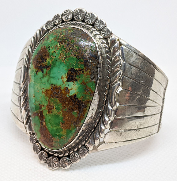 Stunning, Large 1980s - 90s Navajo Silver Bracelet by Henry T. Morris with Beautiful, Huge, Royston