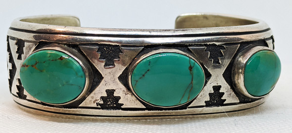 1970's - 80's Large Navajo Silver Bracelet by Thomas Singer with 3 Nice Royston Turquoise Cabs