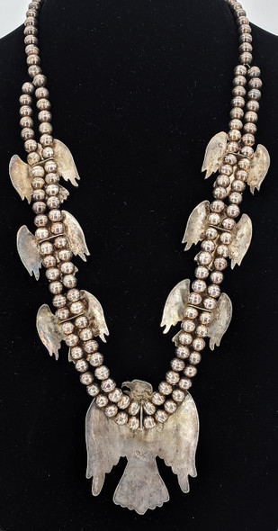 Powerful 1960s - 70s Navajo Silver Eagle theme Squash Blossom Necklace. Beautiful Design