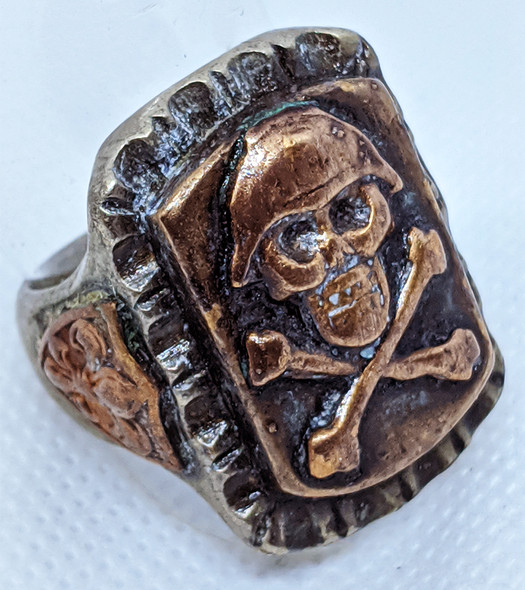 Cool Vintage 1950's Helmeted Skull & Cross Bones Mexican Biker Ring Sz 9.5