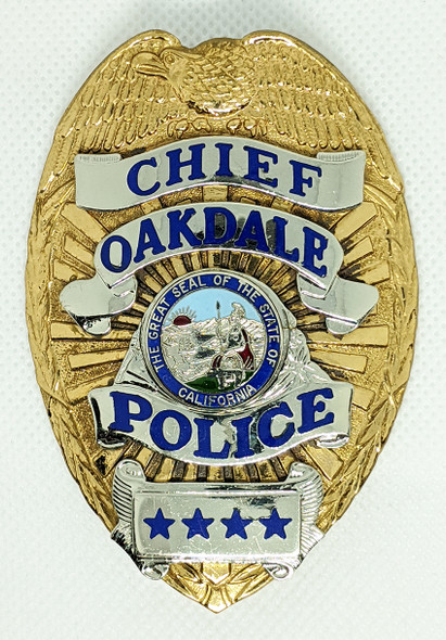 1980's Oakdale CA. Police  Chief Badge by V&V, with 1972 Asst.Chief Credentials