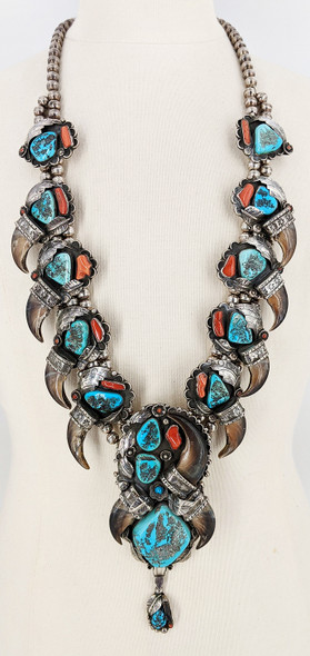 Incredible Over-The-Top Zuni Silver Coral Bear Claw & Kingman Turquoise Squash Blossom ca 1960-70