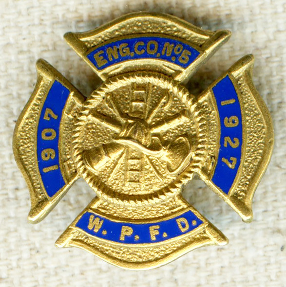 1927 White Plains NY Fire Dept 20th Anniversary Lapel Pin for Chatterton Engine Co No 5
