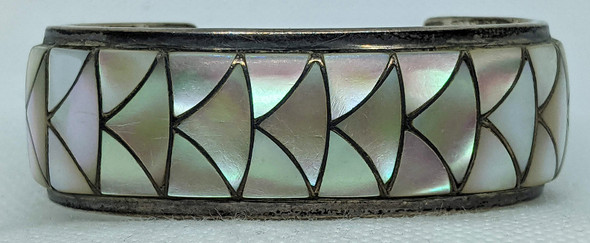 Stunning 1970s-1980s Zuni Silver (Heavy) & MOP Fish Scale Inlay Bracelet by Orlinda Natewa