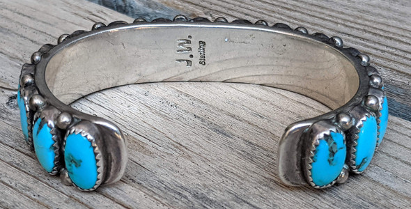 Lovely Vintage 1960s Navajo Silver Bracelet by Juliana Williams with 17 Sleeping Beauty Cabochons