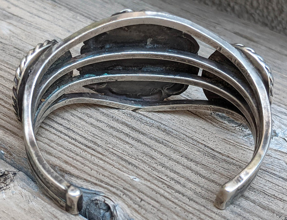 Beautiful Old Pawn Navajo Silver Bracelet Ca 1940s-50s with 3 Pilot Mountain Turquoise