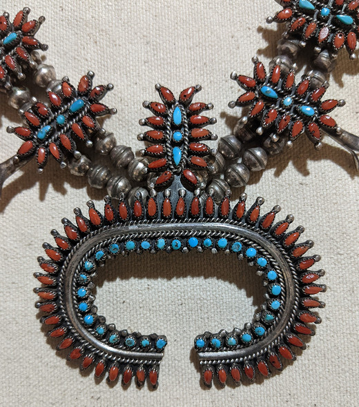 Fantastic Navajo Silver Coral & Sleeping Beauty Turquoise Squash Blossom by Victor Moses Begay