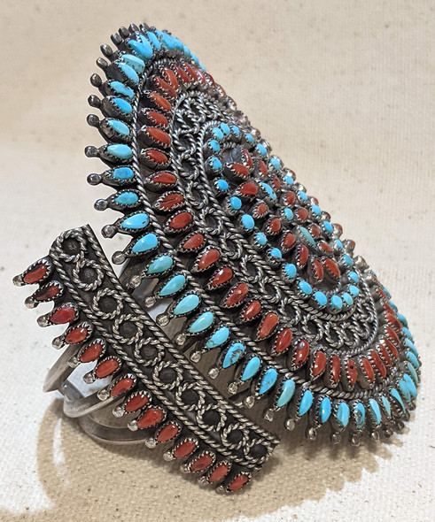 Incredible Victor Moses Begay Navajo Silver Coral & Sleeping Beauty Turquoise Petit Point Bracelet