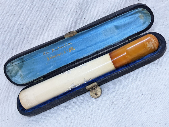 Wonderful 1880 German Turnfest Meerschaum Straight Pipe with Amber Mouth piece & Original Case