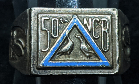 Great Large WWII USN 50th Seabees CBs NCB Sterling Ring with enamel Detail Sz 10.75