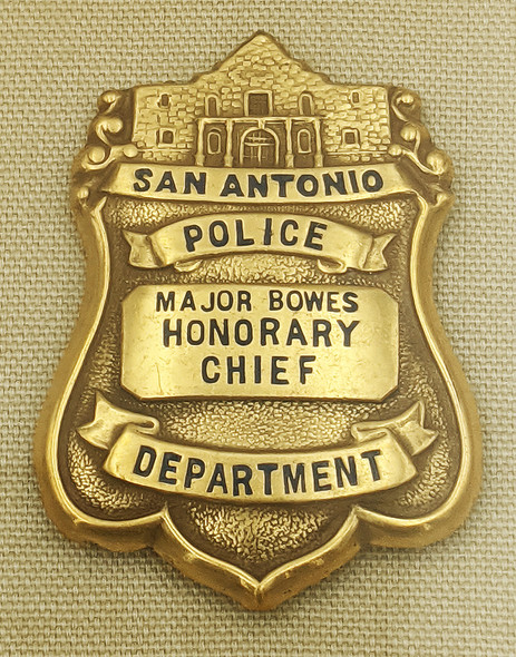 Framed Set SAPD & SAFD Honorary Chief Badges, ca 1935 Award to "Major Bowes" w/Photo & Autograph