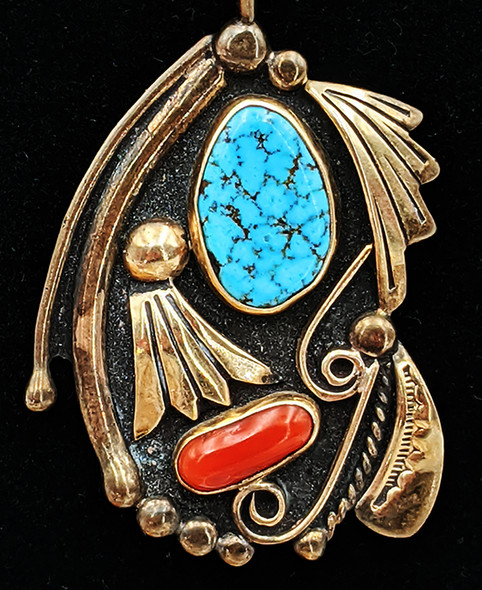 14K Gold on Silver Navajo Pendant with Turquoise & Coral Signed JM with 14K Chain