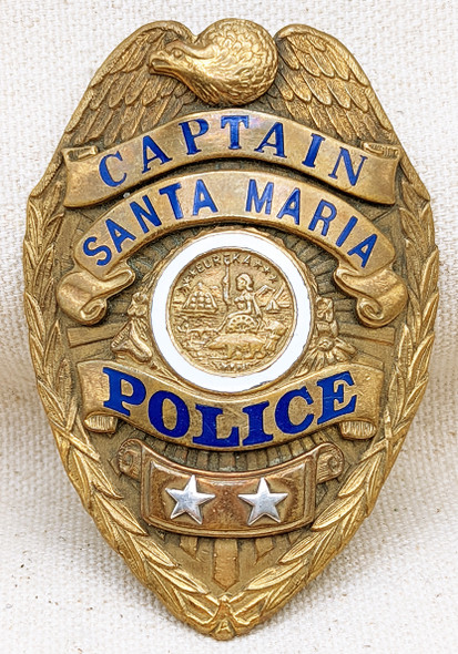 Great 1942 Santa Maria CA Police Captain Badge by LA Stamp & Stationery