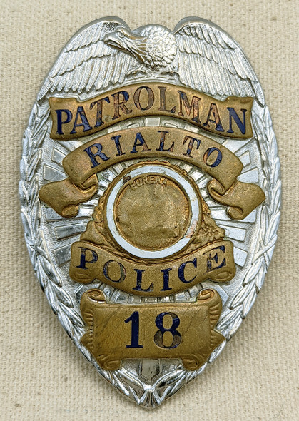 Salty Old mid-1950s Rialto CA Police Patrolman Badge #18 by Entenmann
