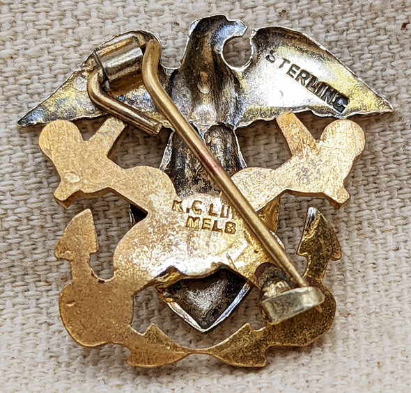 Ext Rare Aussie Made WWII USN Officer Overseas Cap Badge in Sterling by K.G. Luke Melbourne