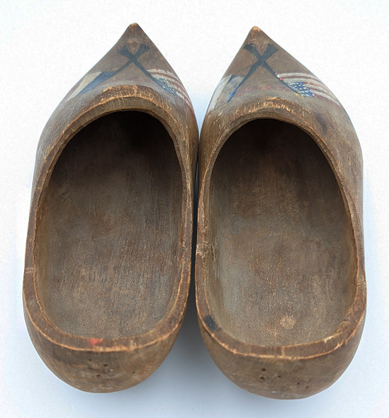 Wonderful 1918 WWI Souvenir Wooden Shoes from St. Nazaire France with Patriotic Allies Flag Deco