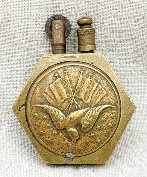 Nice WWI Brass Trench Art Lighter with UK & US Flags & Peace Dove