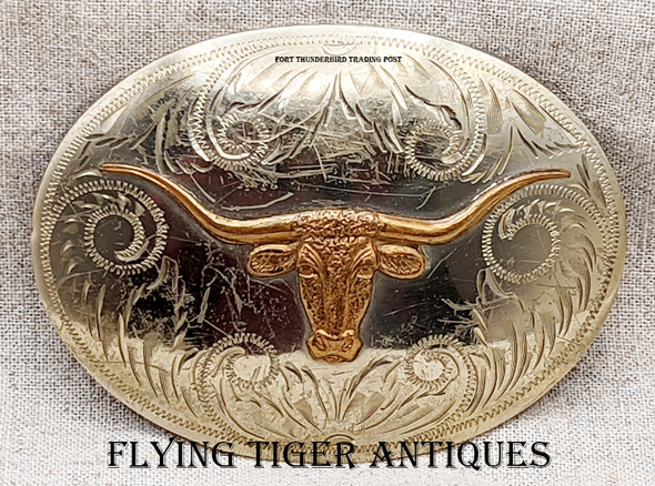 Great Vintage 1950s-1960s Large Cowboy Buckle in German Silver by Irvine & Jachens