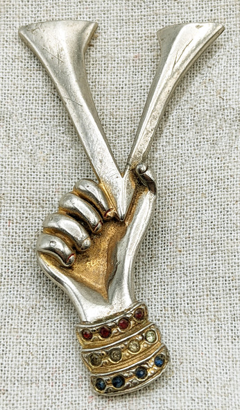 Great Large WWII V for Victory Brooch with Red, White, & Blue Rhinestones