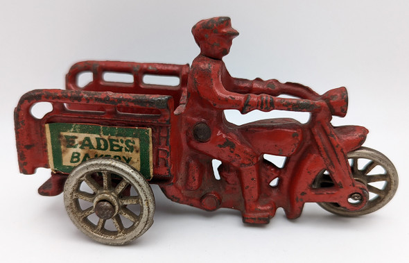 Great 1930s Hubley Cast Iron Crash Car Tricycle with Paper Label for Eade's Bakery