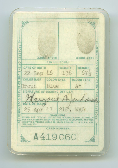 Vietnam War 1967 Armed Forces ID Card of WAC Private Patricia S. Pridmore