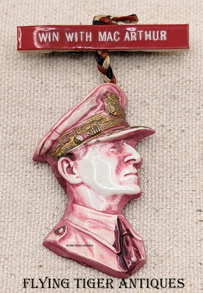 Great WWII Win With Mac Arthur Patriotic Homefront Celluloid Pin