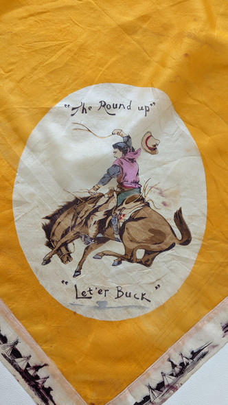 Beautiful 1910s Silk Cowboy Neckerchief The Round Up Let Er Buck with Bronco Rider