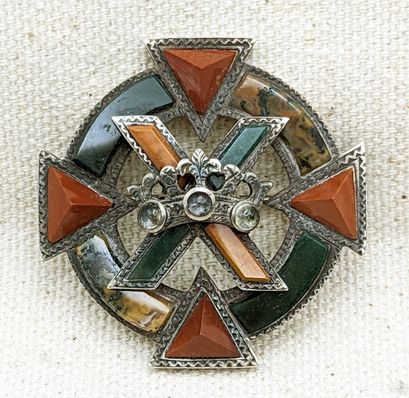 Fabulous Late 19th C. Scottish Silver & Agate Brooch Crown & St. Andrew Cross