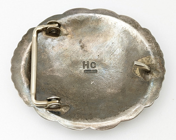 Beautiful Medium sz Heavy Navajo Silver Buckle by Herbert Cayatineto 1990s with Great Green Royston
