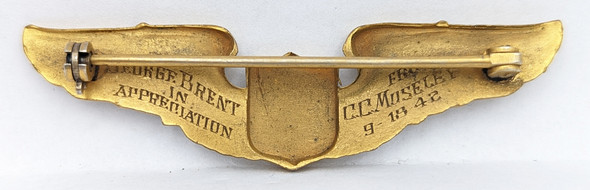 Ext Rare WWII Civilian Pilot Instructor Wing Presented by C. C. Moseley to Famous Actor George Brent