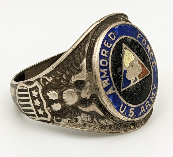Great Combat Worn WWII US Army ARMORED FORCE Enameled Sterling Silver Ring Sz 10.25