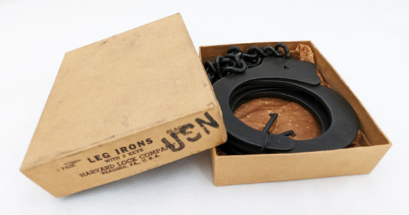 1930s-WWII US Navy Leg Irons by Harvard Lock Co. Near Mint in Box with 2 Keys