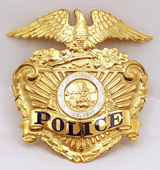 Beautiful late 1940s Burbank CA Police Hat Badge by Entenmann Near Mint