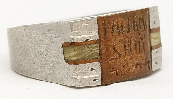 Great WWII US GI Ring Palermo Sicily 1943-44 Deco Design Aircraft Aluminum Copper & Celluloid Sz 10