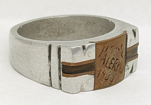 Great WWII US GI Ring From Palermo Sicily 1944 Deco Design in Aircraft Aluminum, Copper, & Celluloid