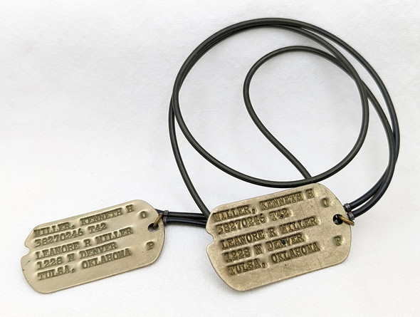 Early WWII T42 US Army NOK Nickel Dog Tag on Nylon Cord Tulsa OK