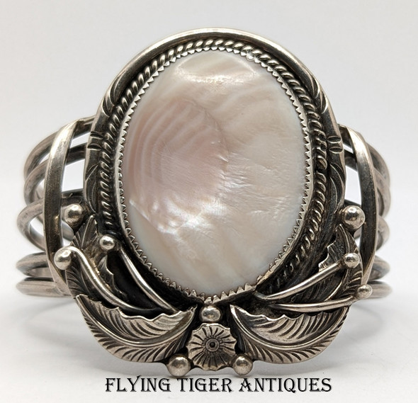 Beautiful 1970s Navajo Silver & Pink MOP Bracelet by Martha Smiley