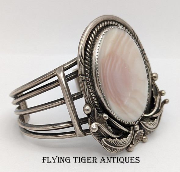 Beautiful 1970s Navajo Silver & Pink MOP Bracelet by Martha Smiley