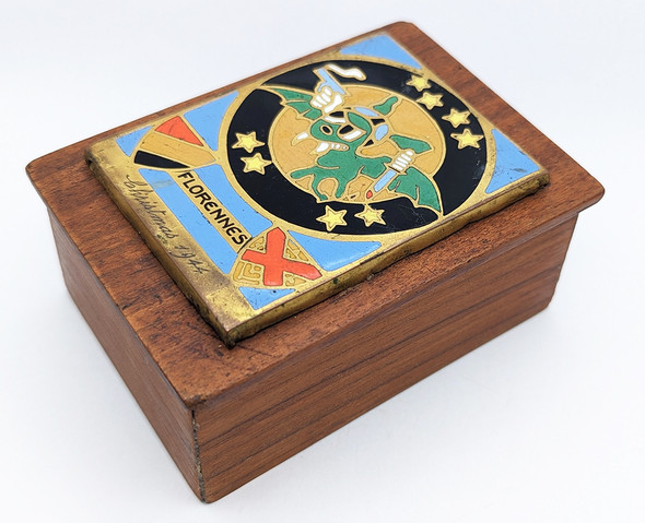 Wonderful 1944 USAAF 422nd Night Fighter Sq Souvenir Ditty Box from Florennes Belgium with Enameled