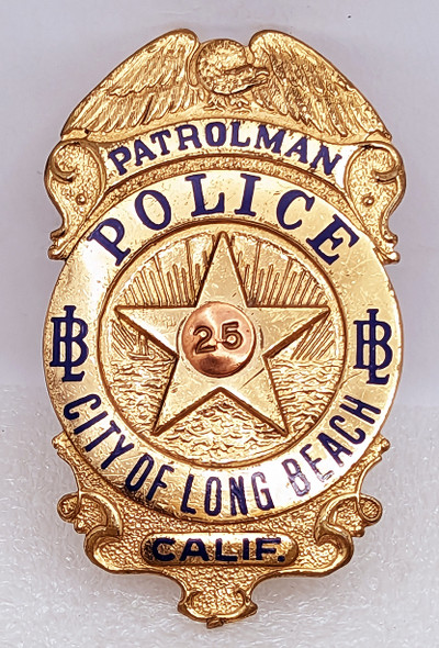 Beautiful ca 1950 Long Beach CA Patrolman Badge by Entenmann with Later #25 Disk